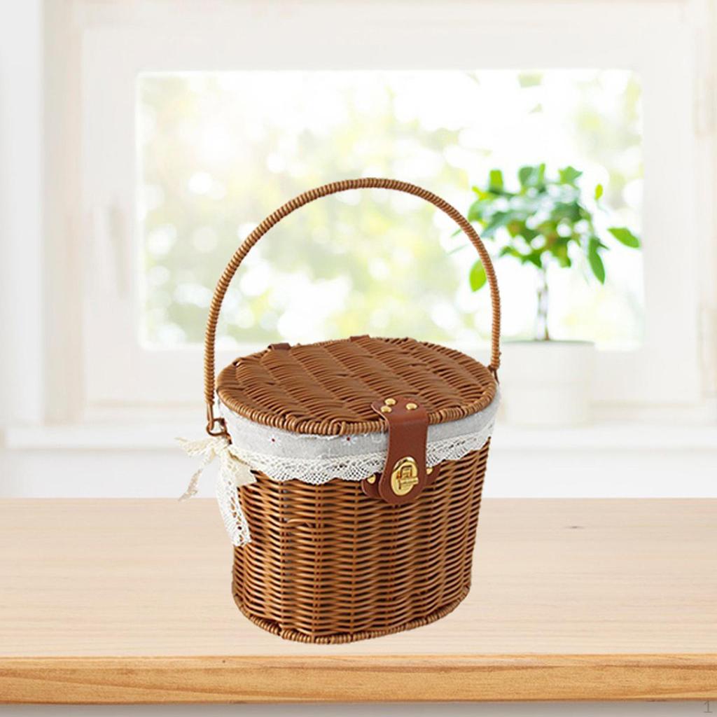 Kosz Przenośny Organizer Lekki Kosz na Owoce Rustykalny Kosz Piknikowy z Uchwytem i Pokrywką dla