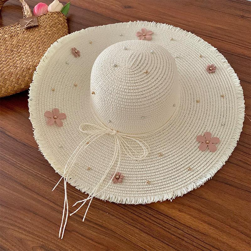 Lace Bow Straw Hat Women's Summer French Large Brim Sunscreen Hat Seaside Beach Vacation Sun Hat