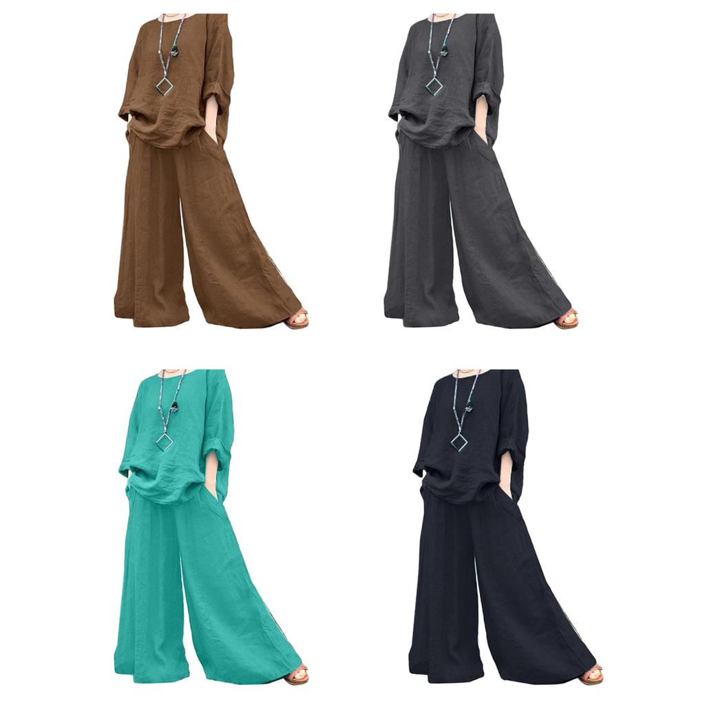 Yousheng 2 Pcs/Set Women Top Pants Set Round Neck Retro Long Sleeves Blouse Wide Leg Elastic Waist Trousers Daily Leisure Loose Outfit