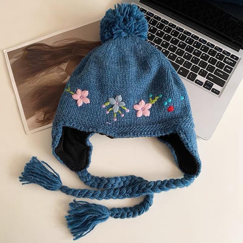 

Embroidered Flower Ear Protection Hat Autumn and Winter Retro Jacquard Cute Knitted Hat Cold Protection Ear Protection Head Wool Hat One Size