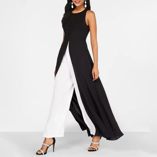 Damen Jumpsuit Sommer Ärmellos Kontrastfarben Spleißen Hoher Schlitz O-Ausschnitt Elegant Büro