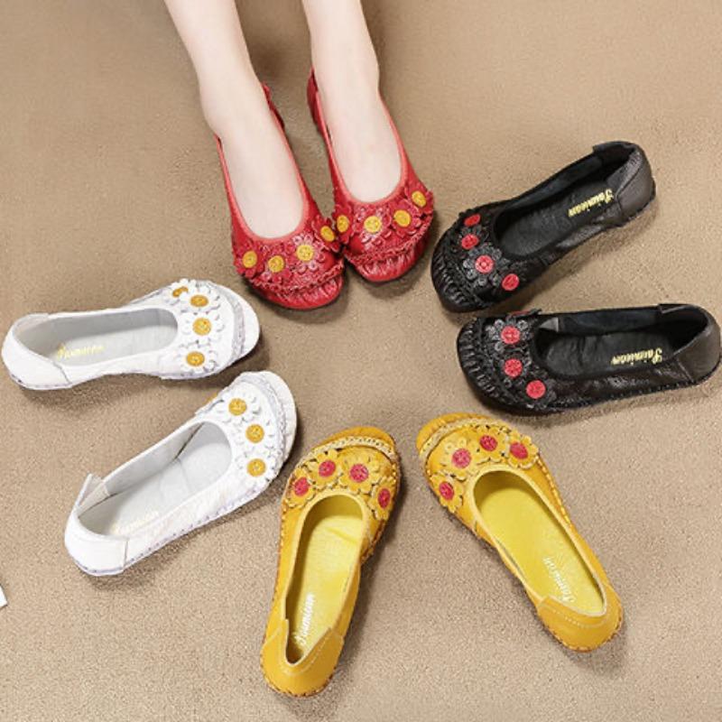 Fashion New Spring Summer Genuine Leather Shoes Women Flats Flowers Soft Flat Cow Leather Shoes Blue Black White Yellow Red D419