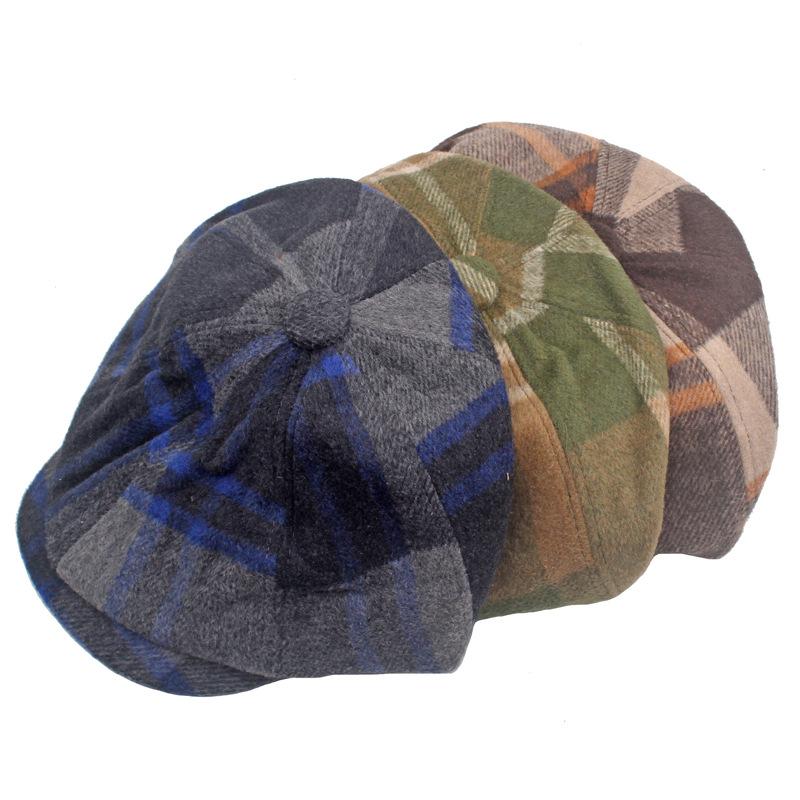 Plaid Octagonal Hat Beret Autumn Winter Men's Warm Forward Hat Wool Plaid Newsboy Hat British Female Paintsman Hat