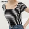 Women Sexy T-shirt Striped Horizontal T-shirt Knitted Top Fashion Short Sleeve