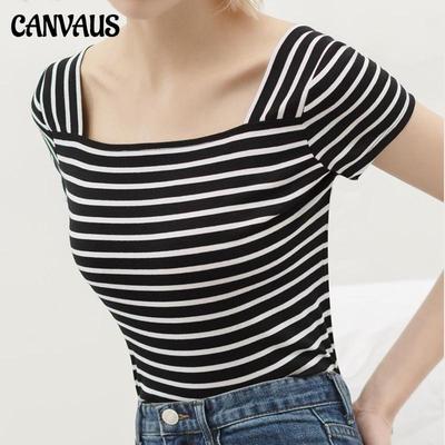 T-shirt sexy da donna T-shirt orizzontale a righe lavorata a maglia Top Fashion manica corta