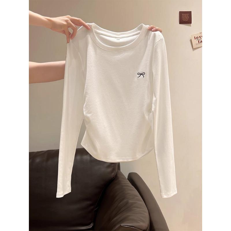 Autumn Winter Solid Irregular Folds Waist All-match Bottomed Tee Women Long Sleeve Casual Pullover T-shirt Top