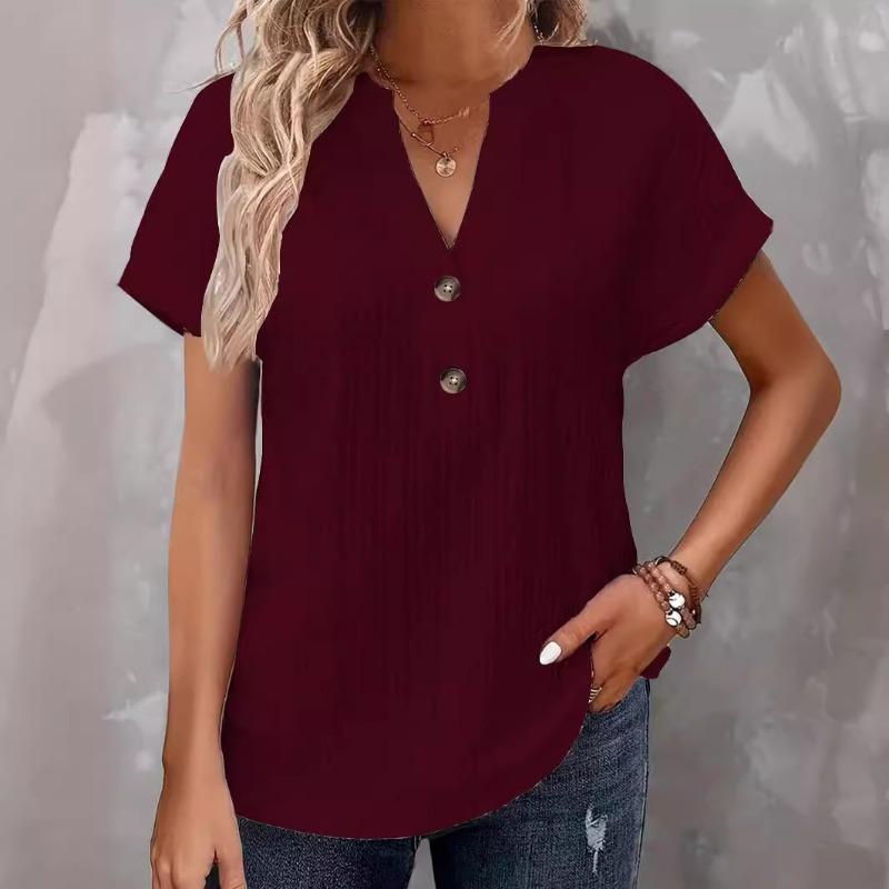 Spring Summer Women's Fashion Casual Solid Color Button V-neck T-Shirts Women’s