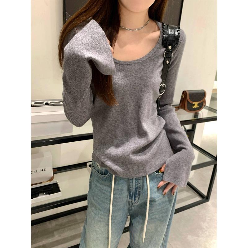 Gentle Wind Neck Flared Sleeve Knitted Sweater Women's Autumn and Winter Slim-fit Sweater Front Shoulder Long Sleeve Bottom Top
