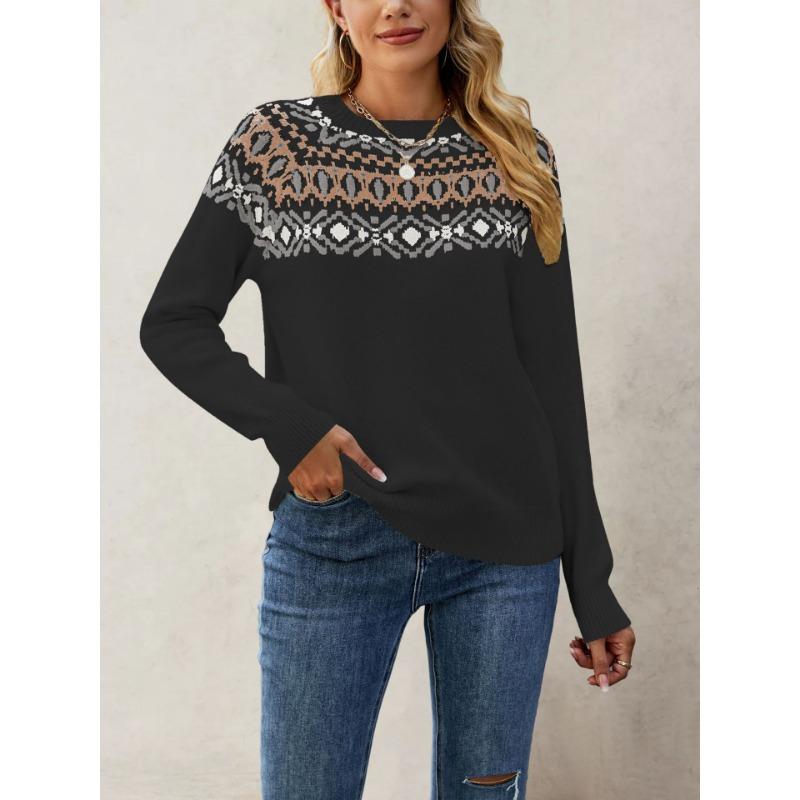 New Autumn and Winter Hot Sale Jacquard Retro Sweater Large Size Crew Neck Pullover Knitted Sweater