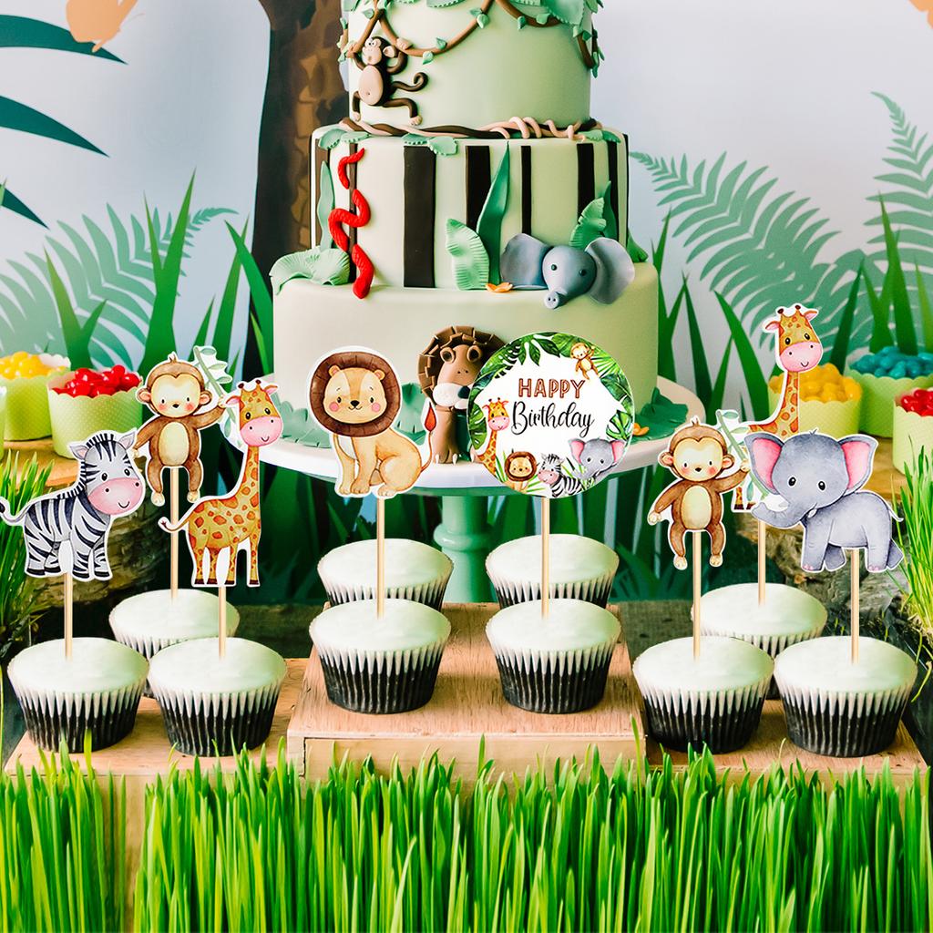 Wild Amimal Cake Topper Cute Forest Safari Jungle Cartoon Animal Happy Birthday Cake Decoration Woodland Wild One Party Supplies