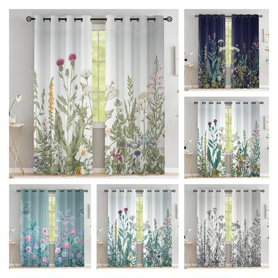 Blumenvorhänge, schwarz-weiße Blattvorhänge für Schlafzimmer, Blumenpflanzen, Kräuter, Natur, klassische Luxusvorhänge für Wohnzimmer, 2 Paneele