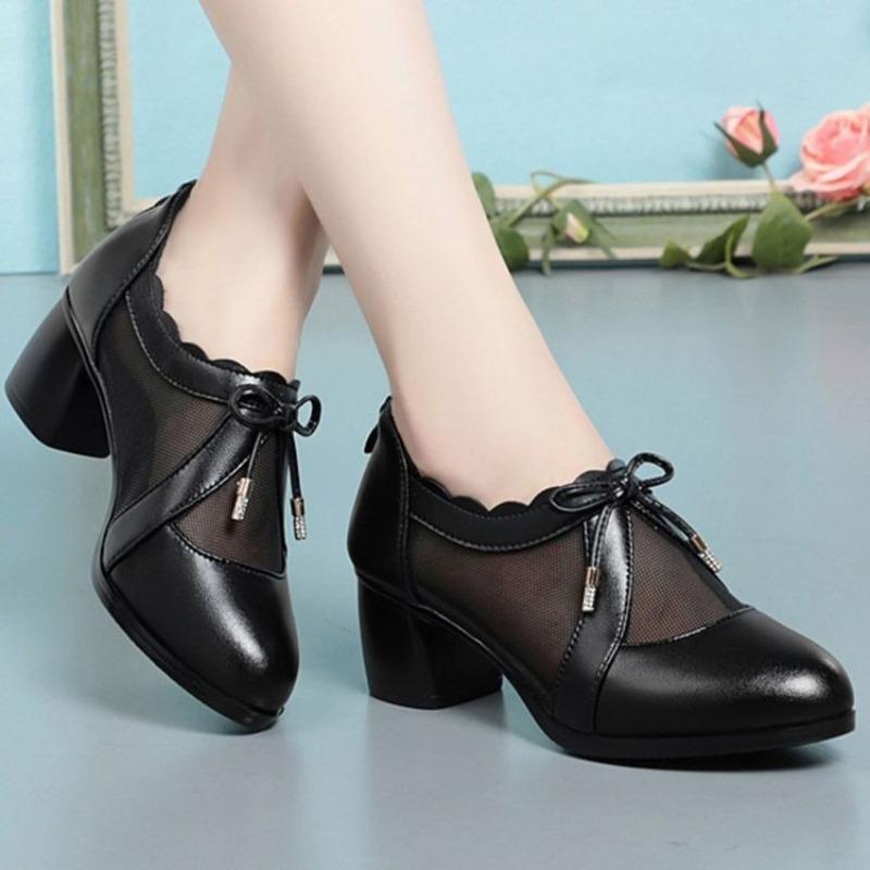 Single Shoes Sandals Mid-heeled Thick-heeled Hollowed-out Shoes Mom Shoes Deep-mouth Women's Shoes