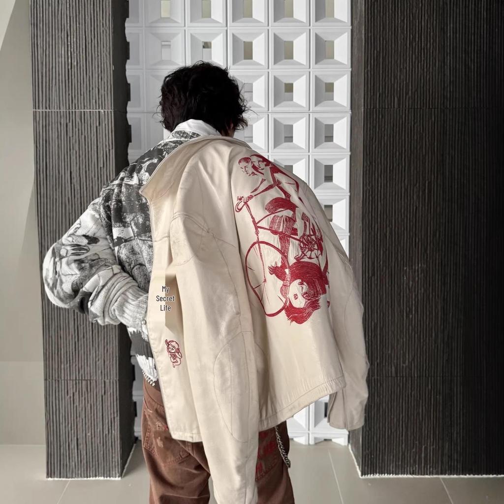 RICH KIDS 25SS Red "Bicycle" Embroidered Leather Jacket for Men & Women