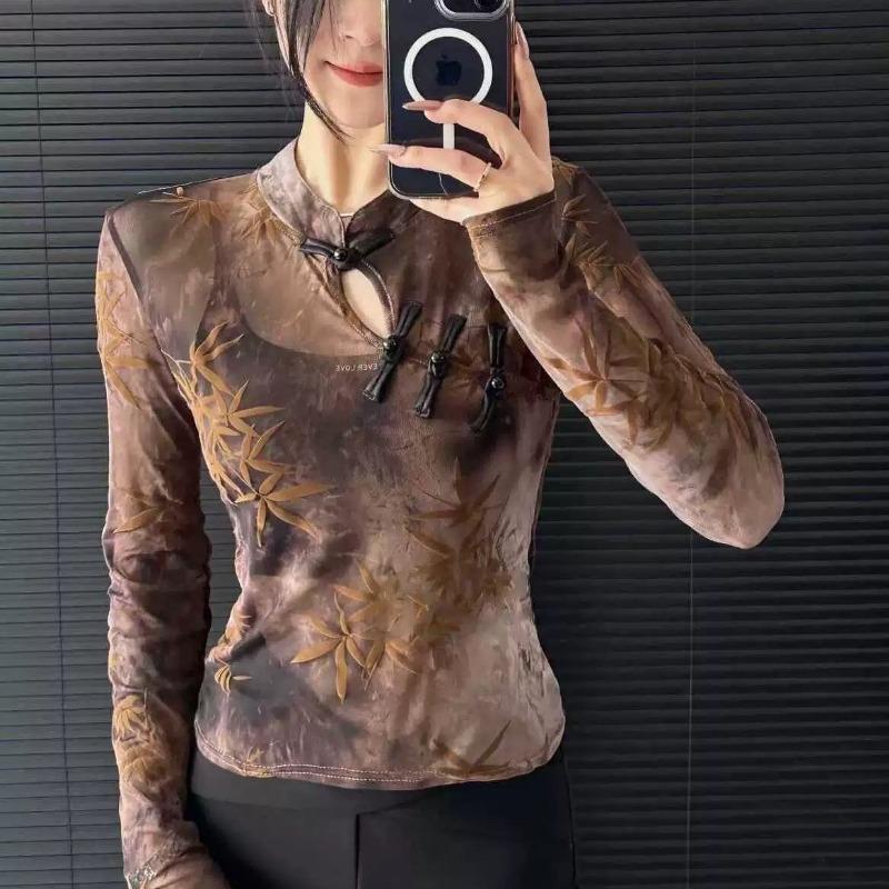 

Women s Brown Floral Sheer Blouse Mandarin Collar Tie Neck Long Sleeve Slim Fit Top S