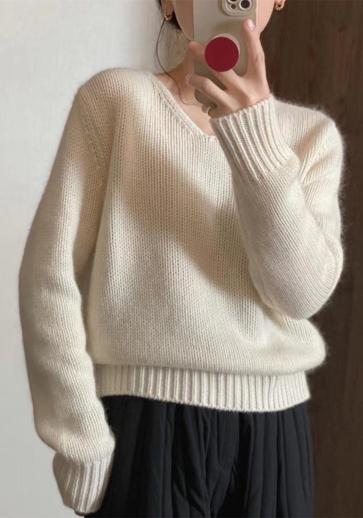 2024 Korean V-Neck Wool Sweater for Women - Thick, Plush, Loose-Fit Knit Pullover with Long Sleeves