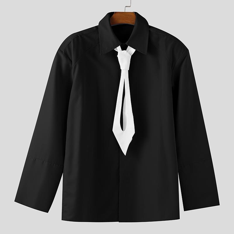 

INCERUN Men Tie Lapel Neck Long Sleeve Solid Buttons Up Casual Oversized Shirts S чорний