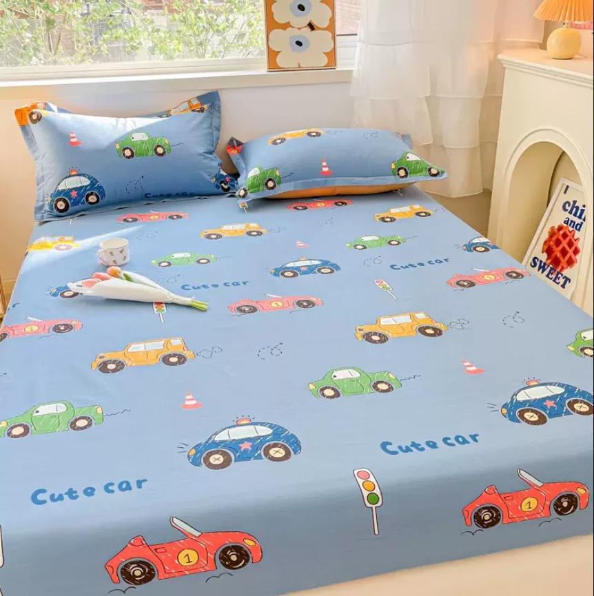 Fitted Sheet with Elastic Band 100% Cotton Soft Cartoon Space Printed for Adult and Children Fitted Sheet + 2 Pillowcase 16 Size