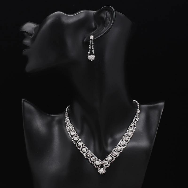 Fashion Bridal Jewelry Necklace Earrings Set Bright Rhinestone Clavicle Necklace Ladies Jewelry