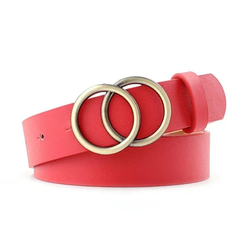 Big Double Ring Circle Metal Buckle Belt Women Fashion Wild Waistband Ladies Wide Leather Straps Belts for Leisure Dress Jeans