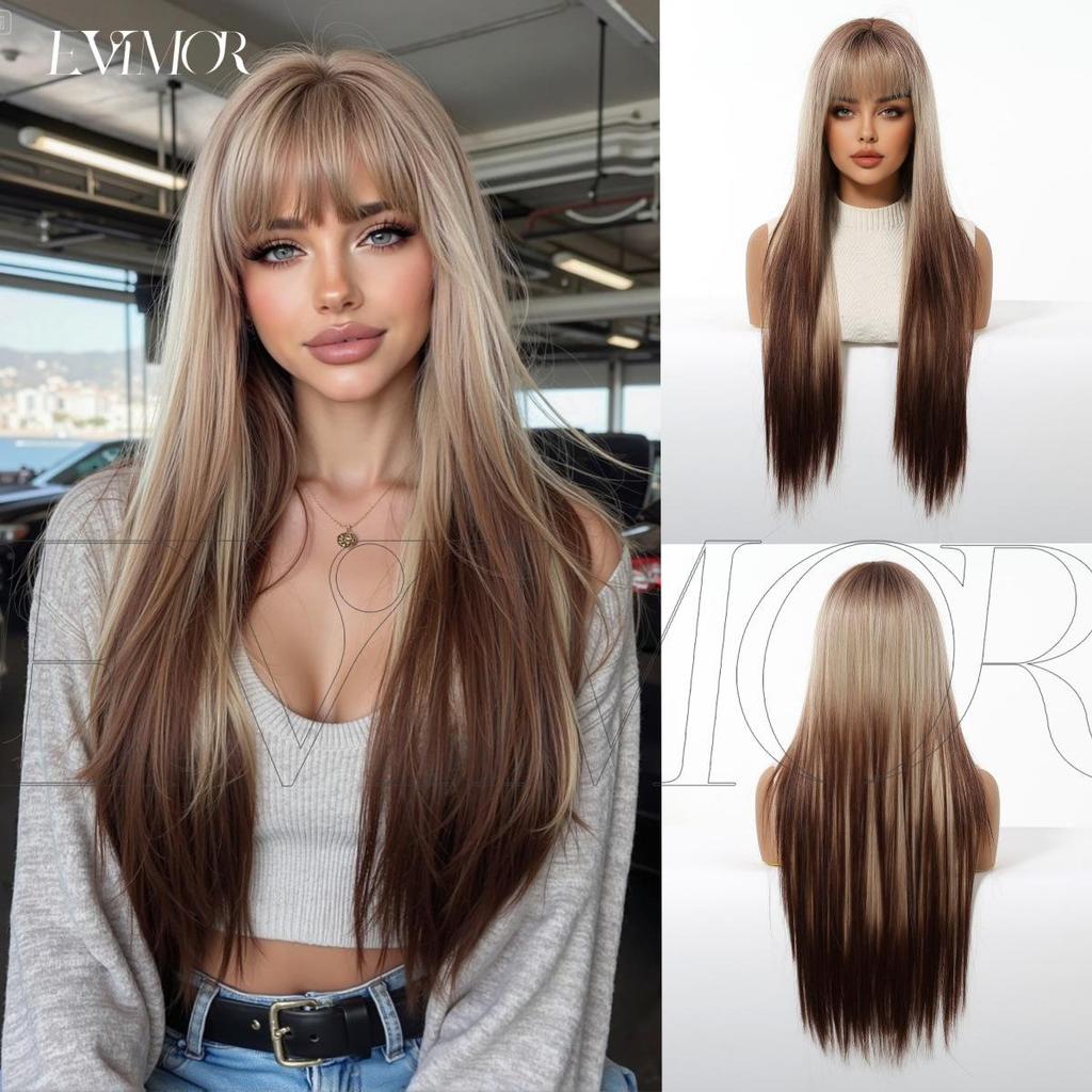 Perruque Européenne Marron Dégradé pour Femmes - Cheveux Longs Lisses avec Couches Naturelles et Volume, Frange Droite, Couverture Complète de la Tête pour Cosplay, En Stock.