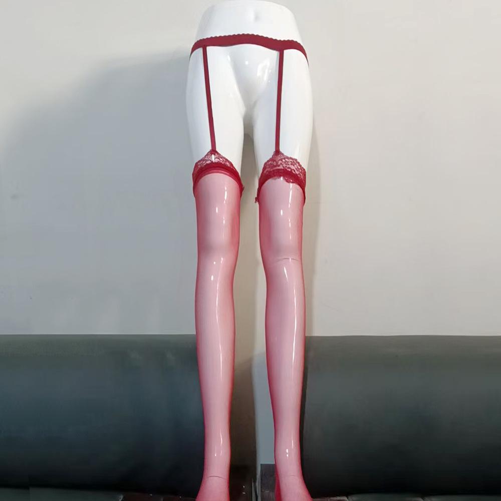 Lace Contrast Horse Oil Suspender Socks Sexy Glossy Long Tube Black Silk Sex Stockings Bottom Socks