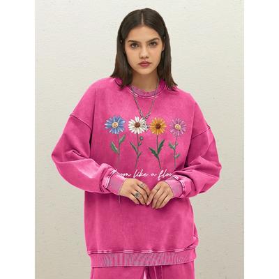 Blühen wie eine Blume Design Damen Gewaschene Sweatshirts Baumwolle Herbstkleidung Lässige Streetwear Rundhals Übergroßer Pullover
