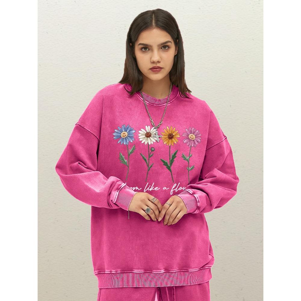 

Дизайн «Цвети как цветок» Женские выстиранные толстовки Хлопковая осенняя одежда Повседневная уличная одежда Свитшот с круглым вырезом Оверсайз Пуловер S