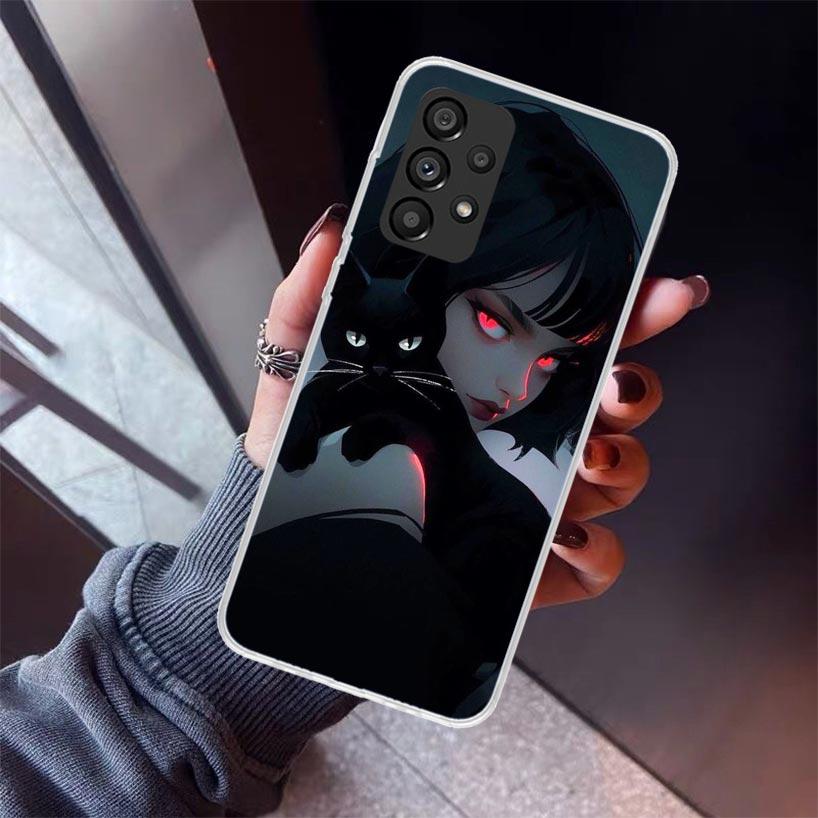 Anime Girls Cute Black Cat Phone Case For Samsung Galaxy A17 A57 A37 A16 A26 A36 A56 A15 A25 A35 A55 A14 A13 A54 A53 A34 A24 A33