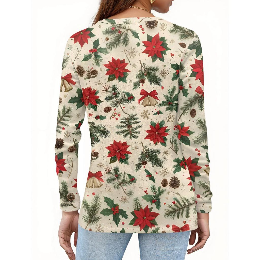 Women's Fashion Casual Christmas Printed Round Neck Long Sleeve Pullover Top