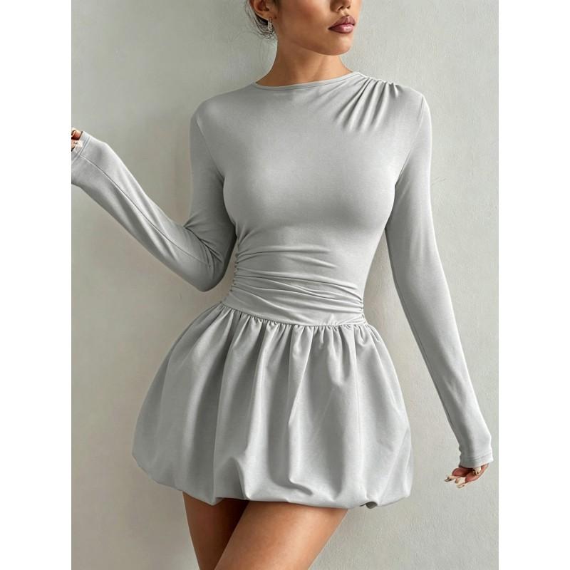 2026 Womens Slim Fit Long Sleeve Midi Dress With Elastic Puff Skirt Round Neck Stretch Milk Silk Fabric
