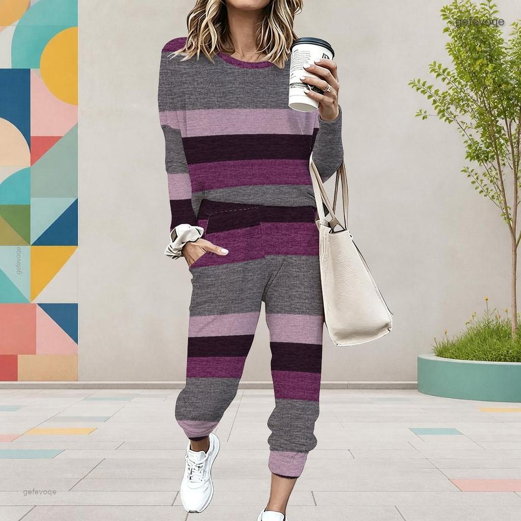 Women Plus Size Geometric Printed Two Piece Set Round Neck Long Sleeve Cuffed Top And Pants With Pockets