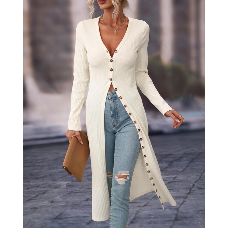 Damen Modischer Lässiger Einfarbiger Langärmliger Langer Cardigan V-Ausschnitt T-Shirt Top