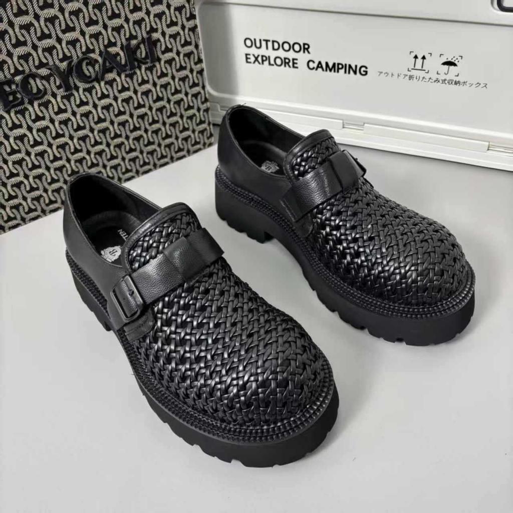 High-end men's shoes hollow and breathable casual leather shoes men's spring thick-soled leather hand-woven thick-soled high-tide shoes