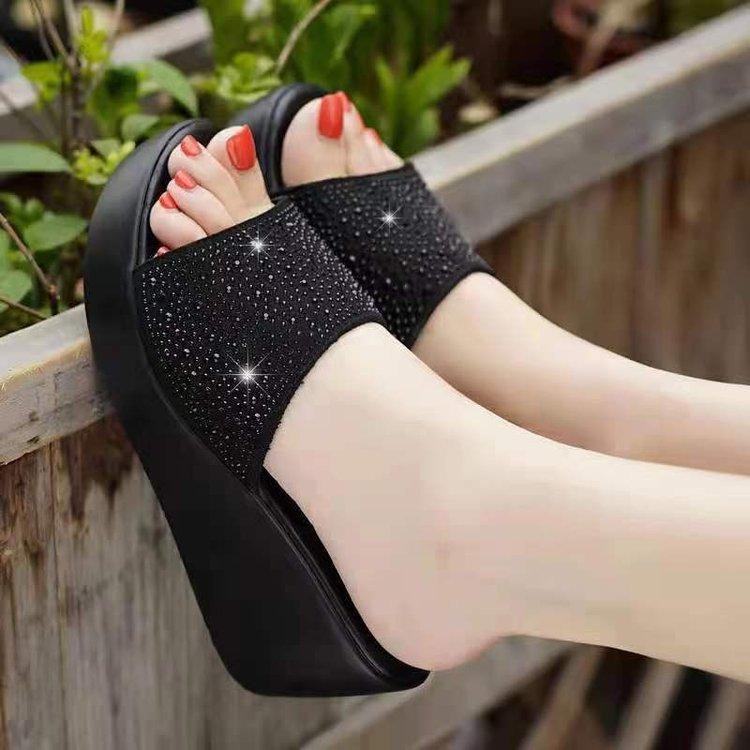 2025 Summer New Slope Heel Thick-soled One-word Slippers Fashionable and Versatile Outer Wear Non-slip Rhinestone High-heeled Cool Slippers Women