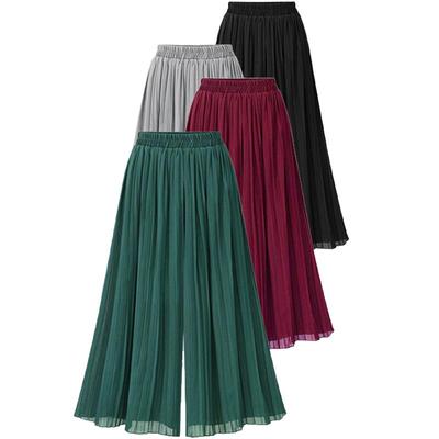 Chiffon-Damen, weite Hosen, plissiert, Strand-Culottes, lockere, abgeschnittene Hosen, hohe Taille, dünne Hosen mit weitem Bein