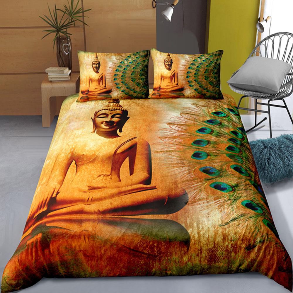 Mandala Buddha Duvet Cover Set King Size Exotic Ethnic Bohemian Bedding Set Golden Black Lotus Flowers Gorgeous Comforter Cover