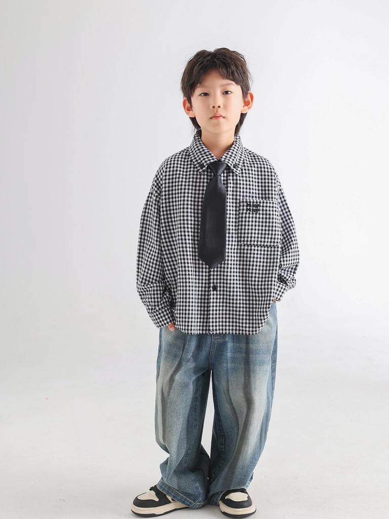 Boys' Spring 2025 Trendy Plaid Loose Shirt with Korean Tie Style