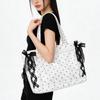 Cute Polka Dot Canvas Tote Bag Women Large Capacity Shoulder Bag With Lace Bow Ribbon Decor Casual School Use Commuter Tote Bag