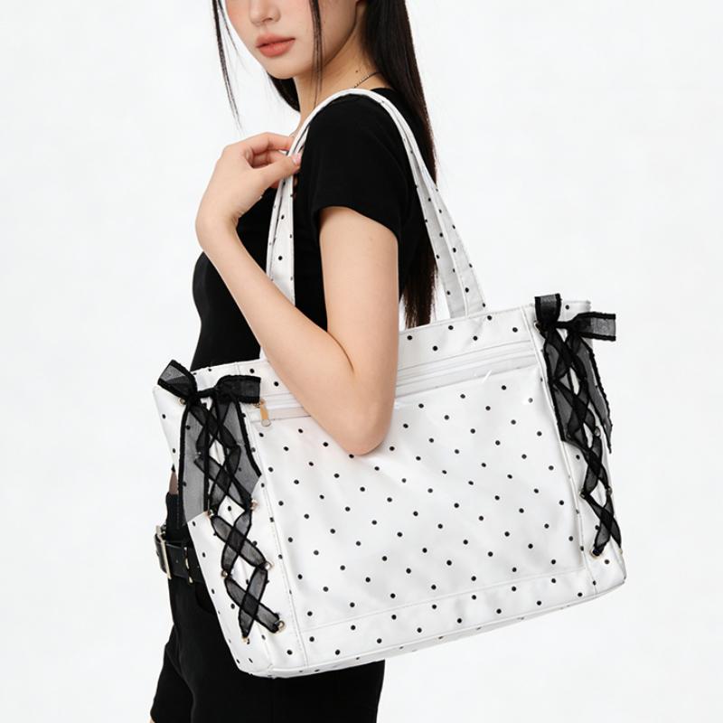 Cute Polka Dot Canvas Tote Bag Women Large Capacity Shoulder Bag With Lace Bow Ribbon Decor Casual School Use Commuter Tote Bag