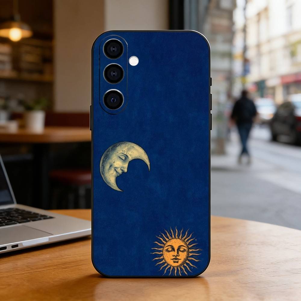 Sun Moon Phone Case For Samsung Galaxy A73,A72,A71,A70,A53,A52,A51,Soft Silicone Black Cover
