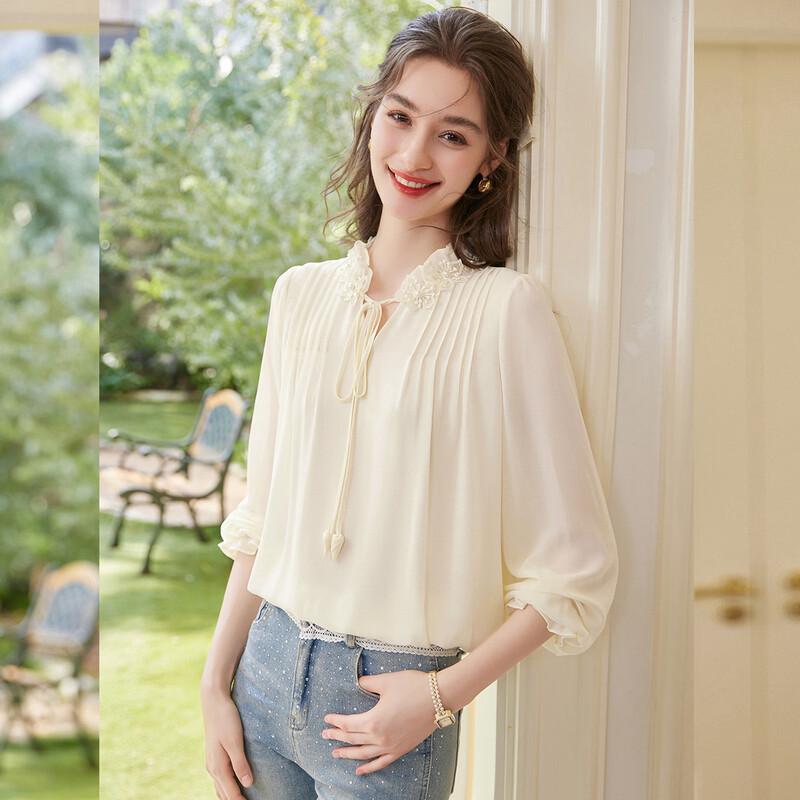 Women s Elegant Lace Beaded Long Sleeve Blouse S