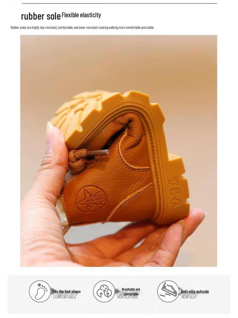 Children's Yellow Leather Martin Boots: Soft Sole Autumn/Winter Toddler Walking Shoes for Boys and Girls.