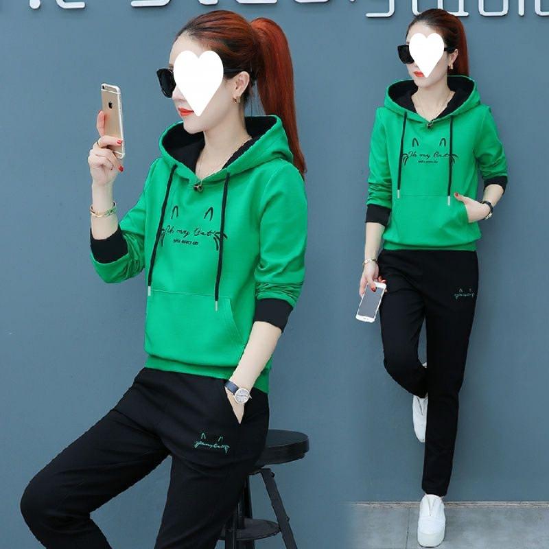 Embroidered Hooded Autumn Casual Sports Suit for Women Korean Style Loose Long-sleeved Student Two-piece Set