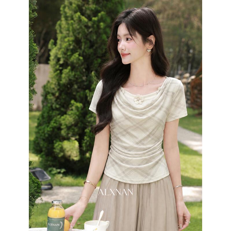 Women s Apricot Plaid Faux Two-Piece T-Shirt