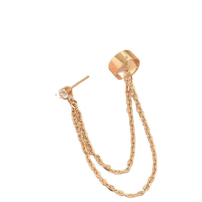 Clip d'oreille et clou d'oreille tendance à chaîne longue et pompon