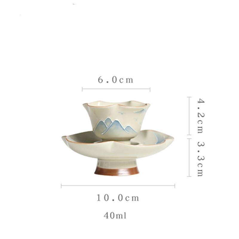 Chinese Ceramic Tea Cup with Coaster Hand-painted Landscape Tea Bowl Handmade Porcelain Teacup Travel Personal Teaware 40ml