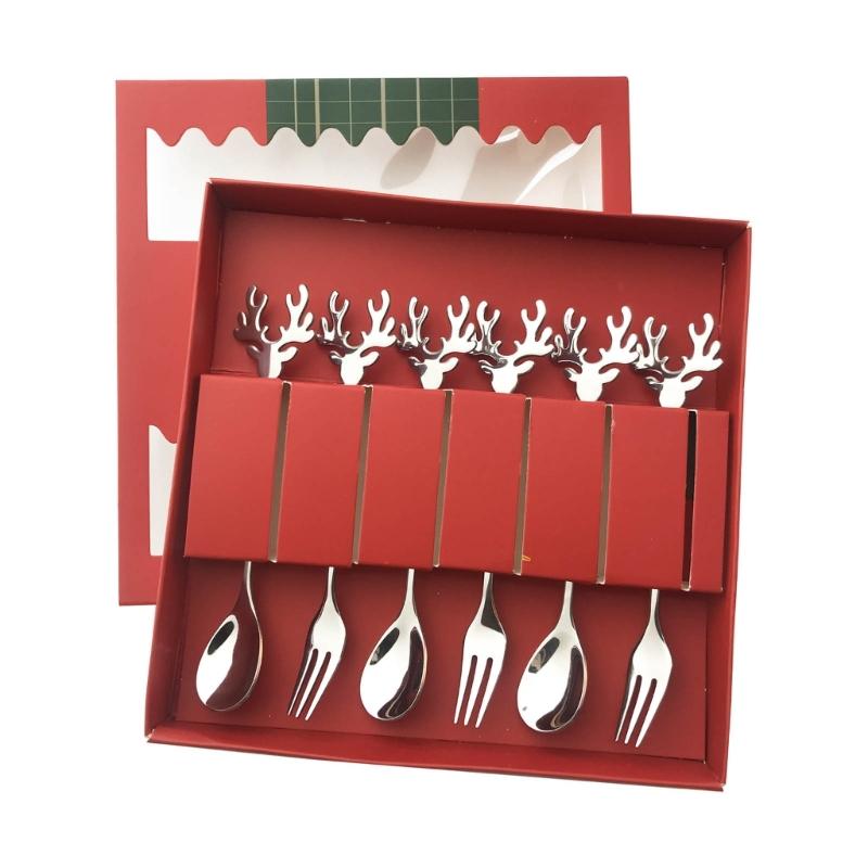 

6 Pieces Christmas Series Dessert Spoon Stainless Steel Coffee Spoons Fruit Fork серебряный