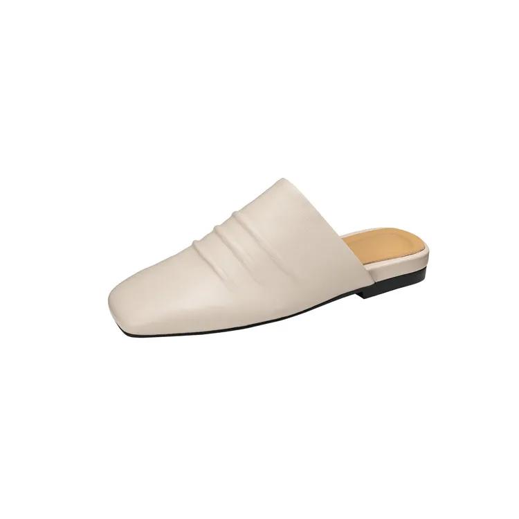Fashion 2025 NEW Summer Women Mules Genuine Leather Women Shoes Cover Toe Shoes Squared Toe Low Heel Sandals Pleated Modern Slippers