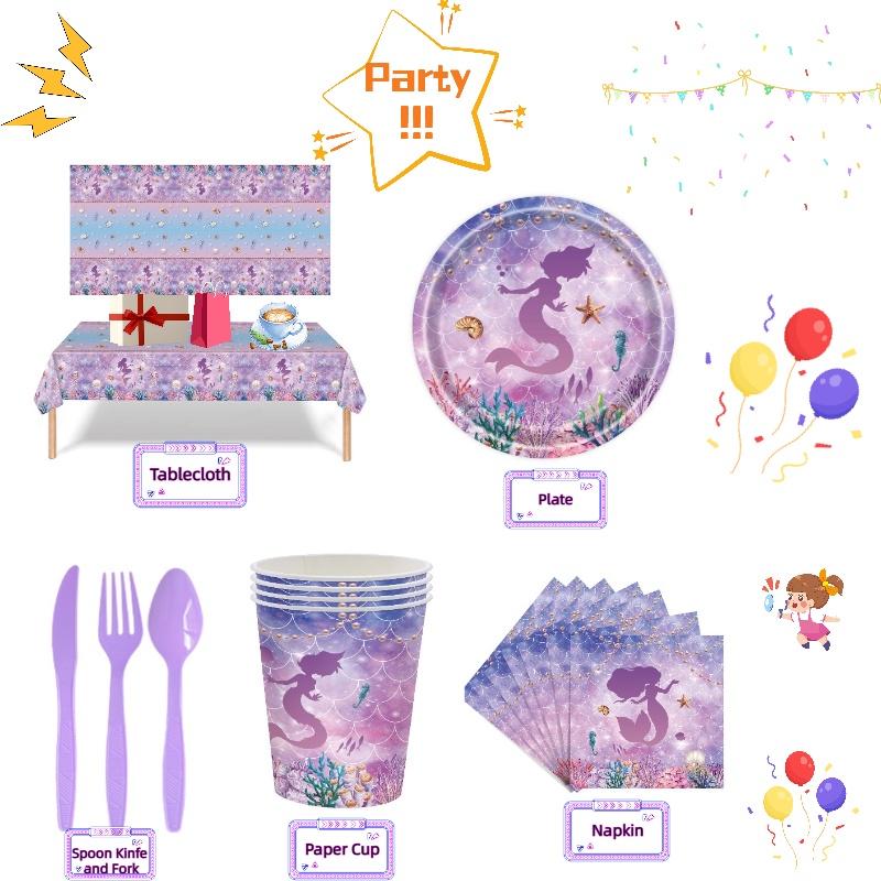 Theme Mermaid Party Paper Plates Tableware Set Childrens Birthday Decorations