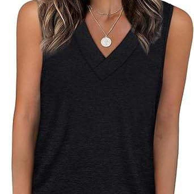 Summer European Style Women V-Neck Casual Loose Fit Solid Color Tank Sleeveless